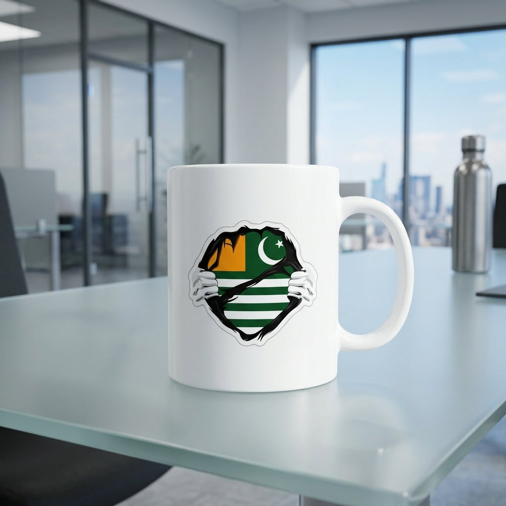 Kashmir Flag Inside Ripped Chest Superhero Graphic Ceramic Cup – High-Quality Printed Tea & Coffee Drinkware