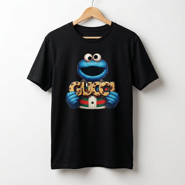 Funny Cookie Monster holding GUCCI Biscuits Graphic T-Shirt - Unisex Cotton Streetwear Tee (Blue, Black, White | XS to 4XL)