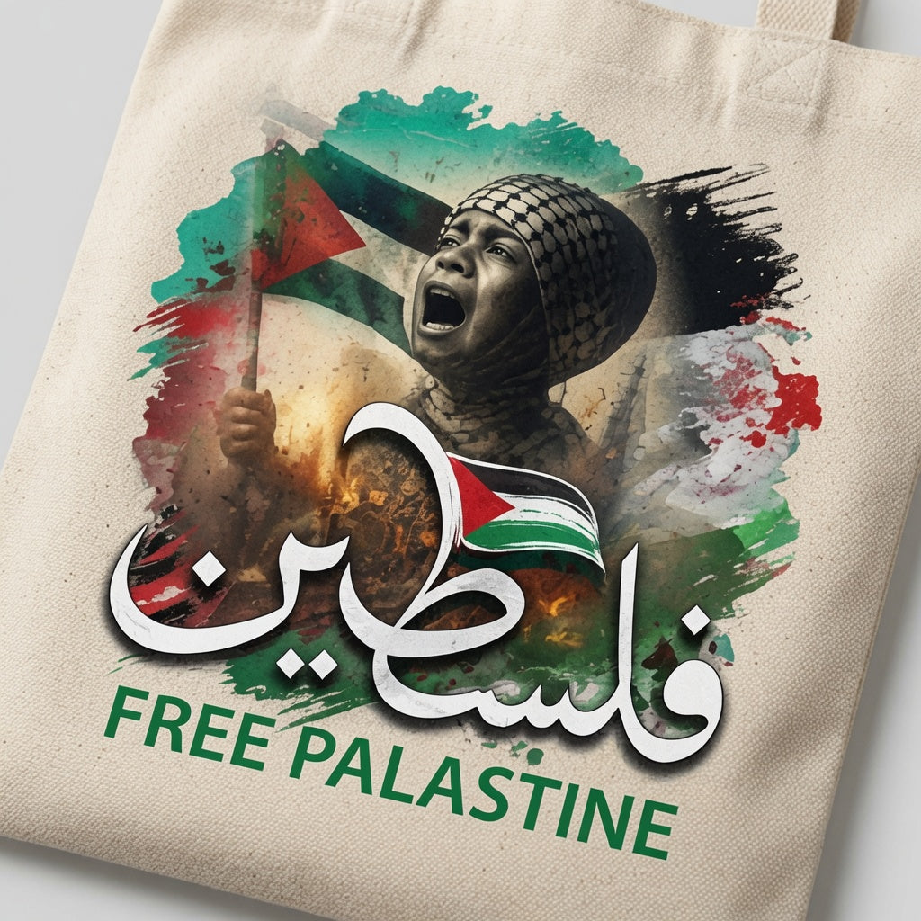Free Palestine Canvas Tote Bag – Arabic Calligraphy & Flag Heritage Tote