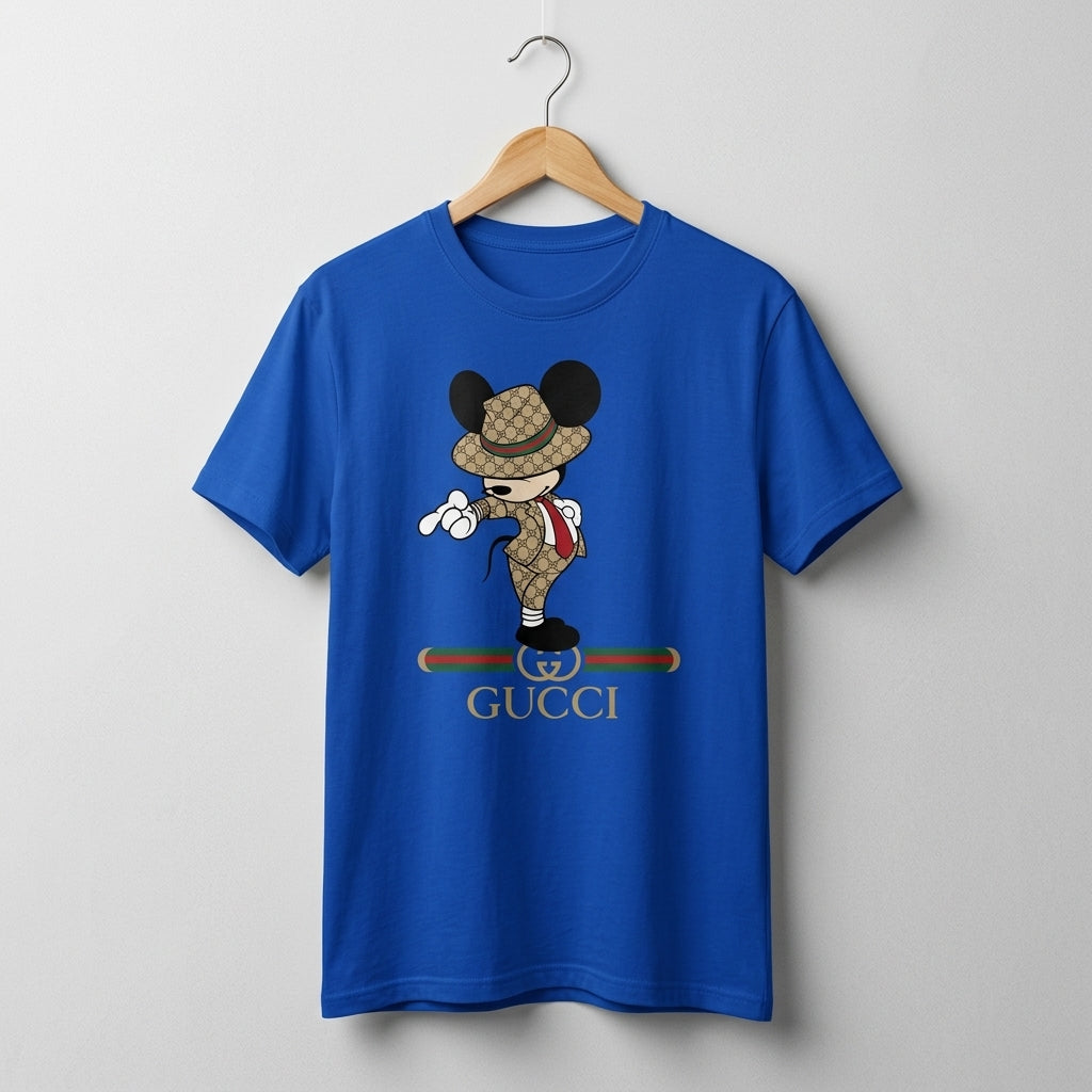 Mickey Mouse in Luxury Monogram Suit & Hat Graphic T-Shirt - White & blue Unisex Cotton Fashion Parody Streetwear Tee