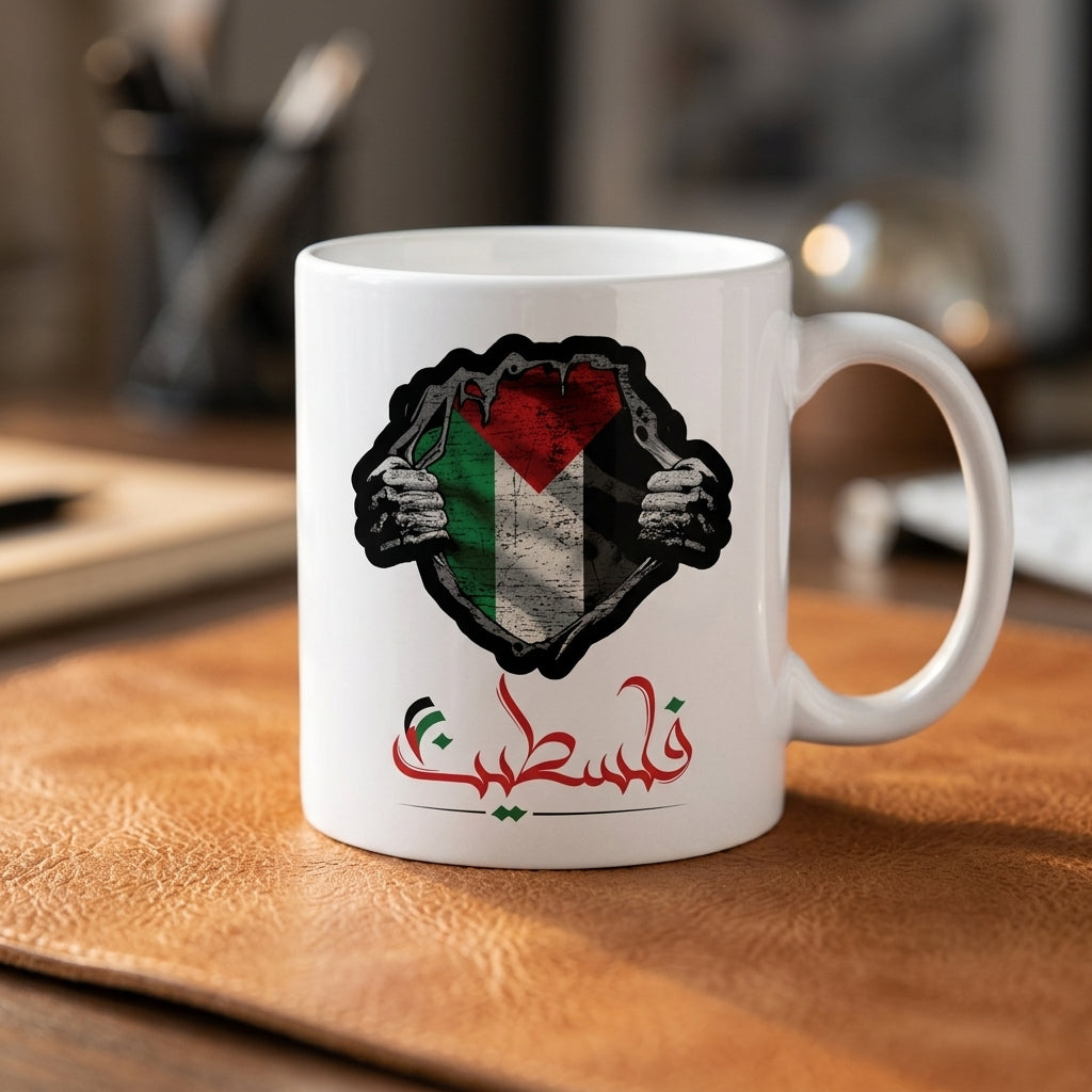Palestine Flag Inside Ripped Chest Arabic Calligraphy Ceramic Cup – High-Quality Printed Tea & Coffee Drinkware