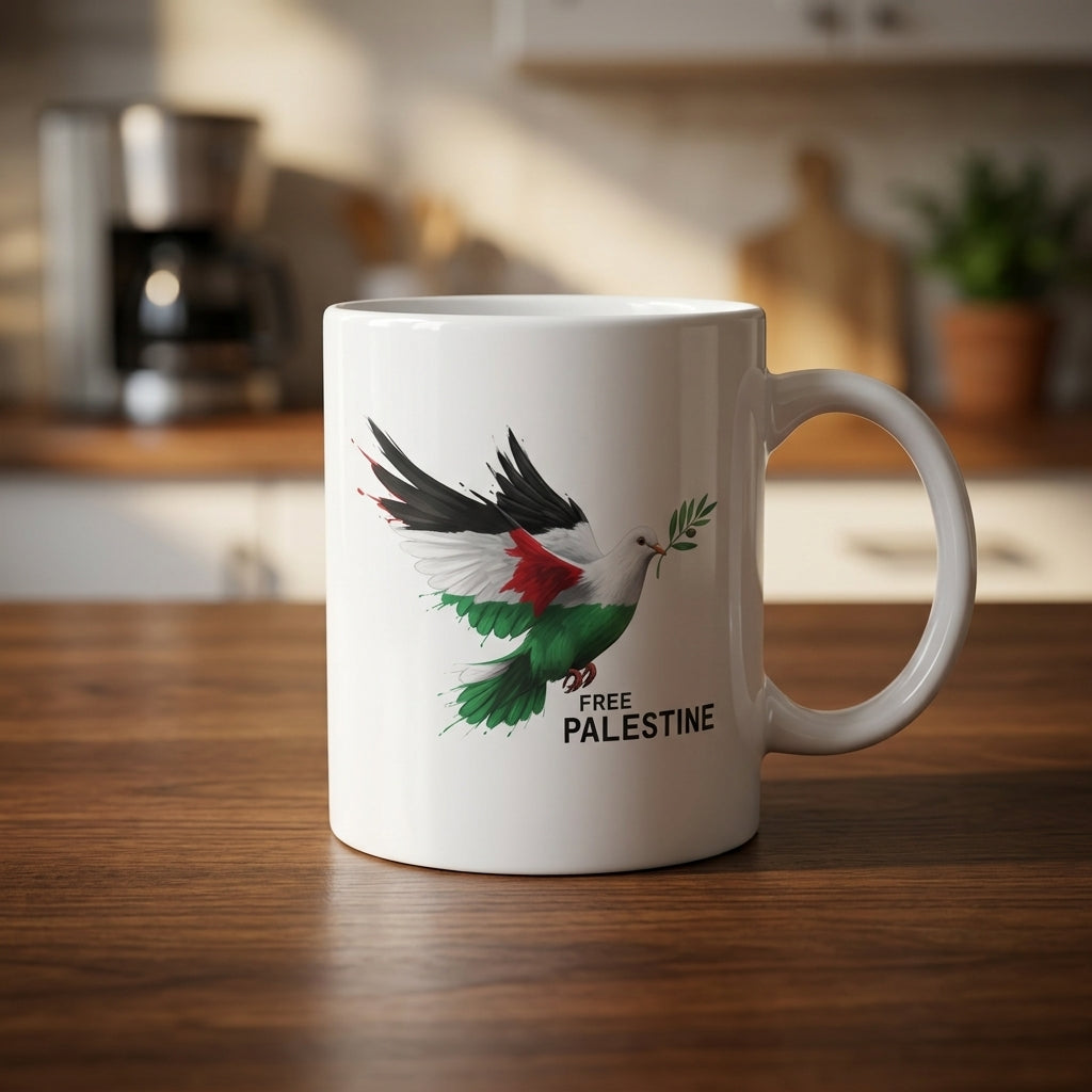 Free Palestine Peace Dove Graphic Ceramic Cup – High-Quality Printed Tea & Coffee Drinkware