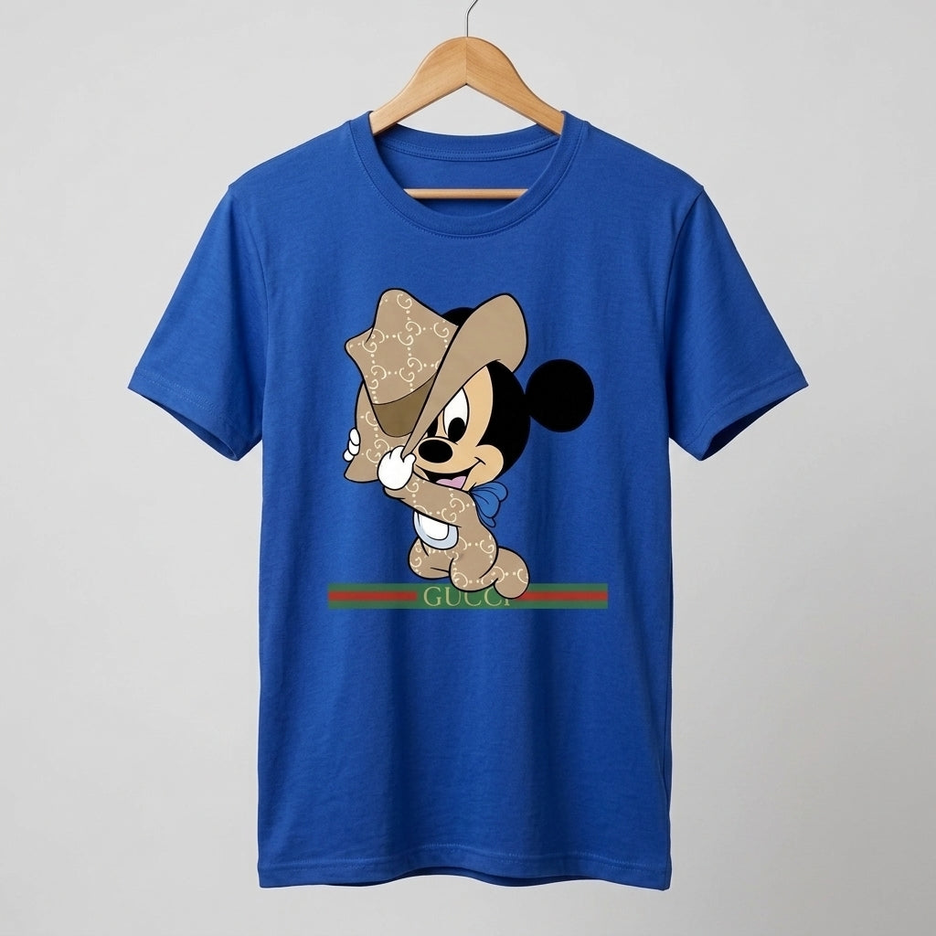 Mickey Mouse in Luxury Monogram Cowboy Outfit Graphic T-Shirt - White & Blue Unisex Cotton Streetwear Parody Tee