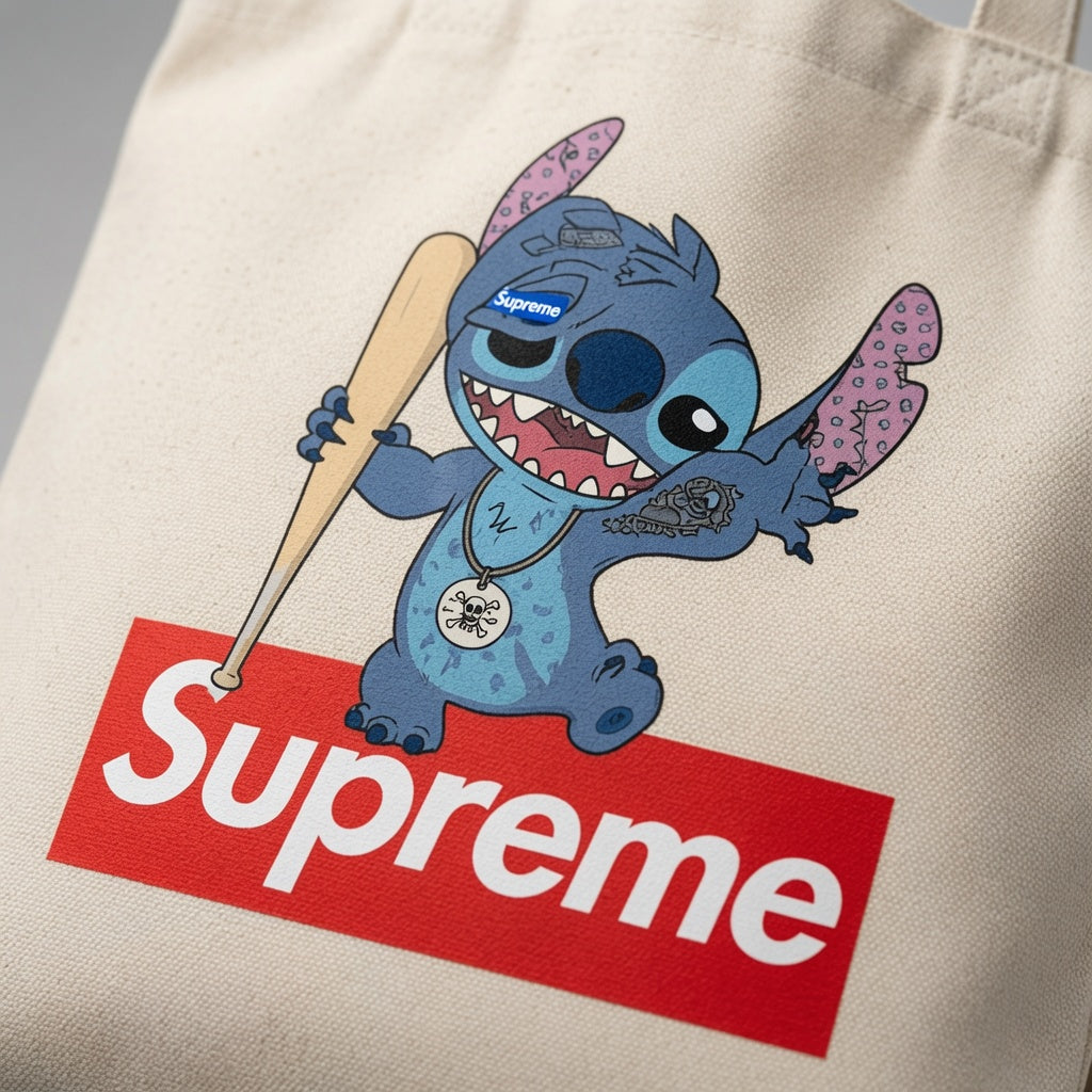 Bad Boy Stitch Supreme Box Logo Parody Canvas Tote Bag - Anime Streetwear Handbag