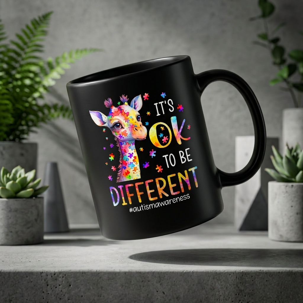 It's OK To Be Different Autism Awareness Ceramic Mug - Cute Colorful Puzzle Giraffe Graphic Coffee Cup (11oz)