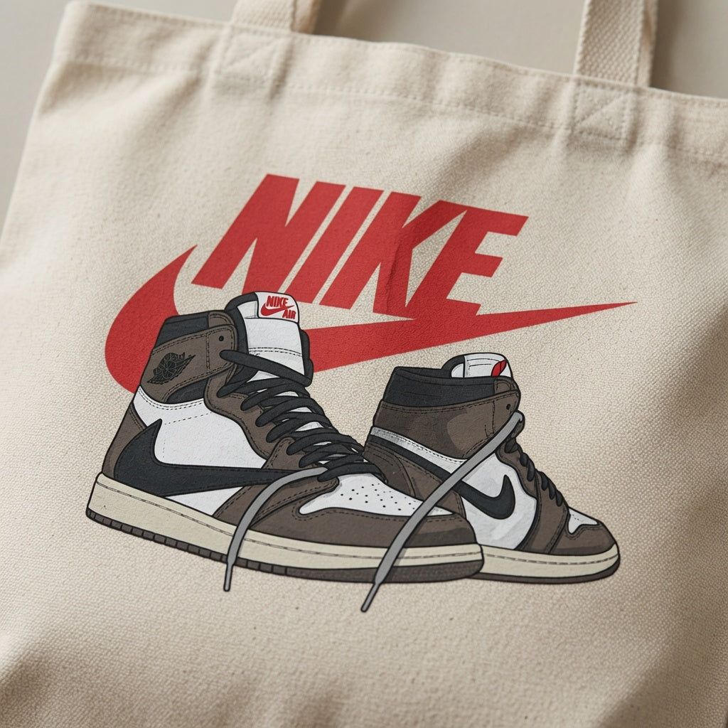 Retro Mocha High-Top Sneaker Pair Red Nike Swoosh Cotton Canvas Tote Bag