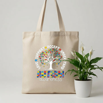 Autism Awareness Tree Canvas Tote Bag – Love Support Accept Understand Tote