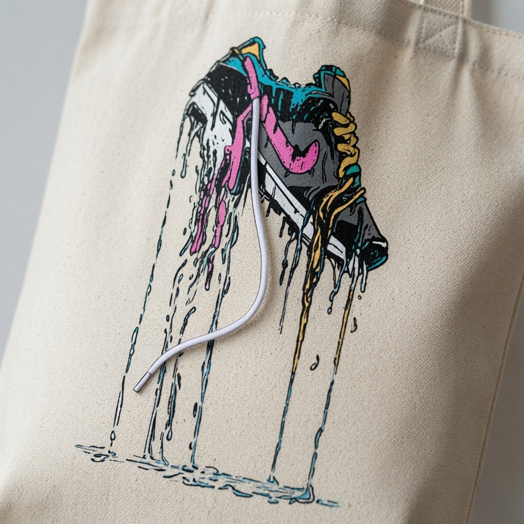 Melting Drip Sneaker Graphic Canvas Tote Bag - Abstract Streetwear Pop Art Shoulder Bag