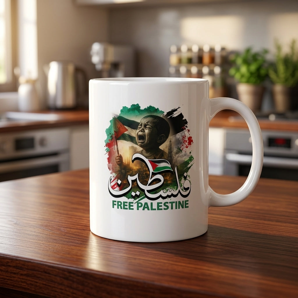 Free Palestine Arabic Calligraphy Child Art Graphic Ceramic Cup – High-Quality Printed Tea & Coffee Drinkware