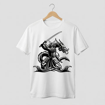 Samurai Dragon T-Shirt Japanese Katana Graphic Tee White
