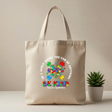 In A World Where You Can Be Anything Be Kind Autism Awareness Canvas Tote Bag – Inspirational Acceptance Gift