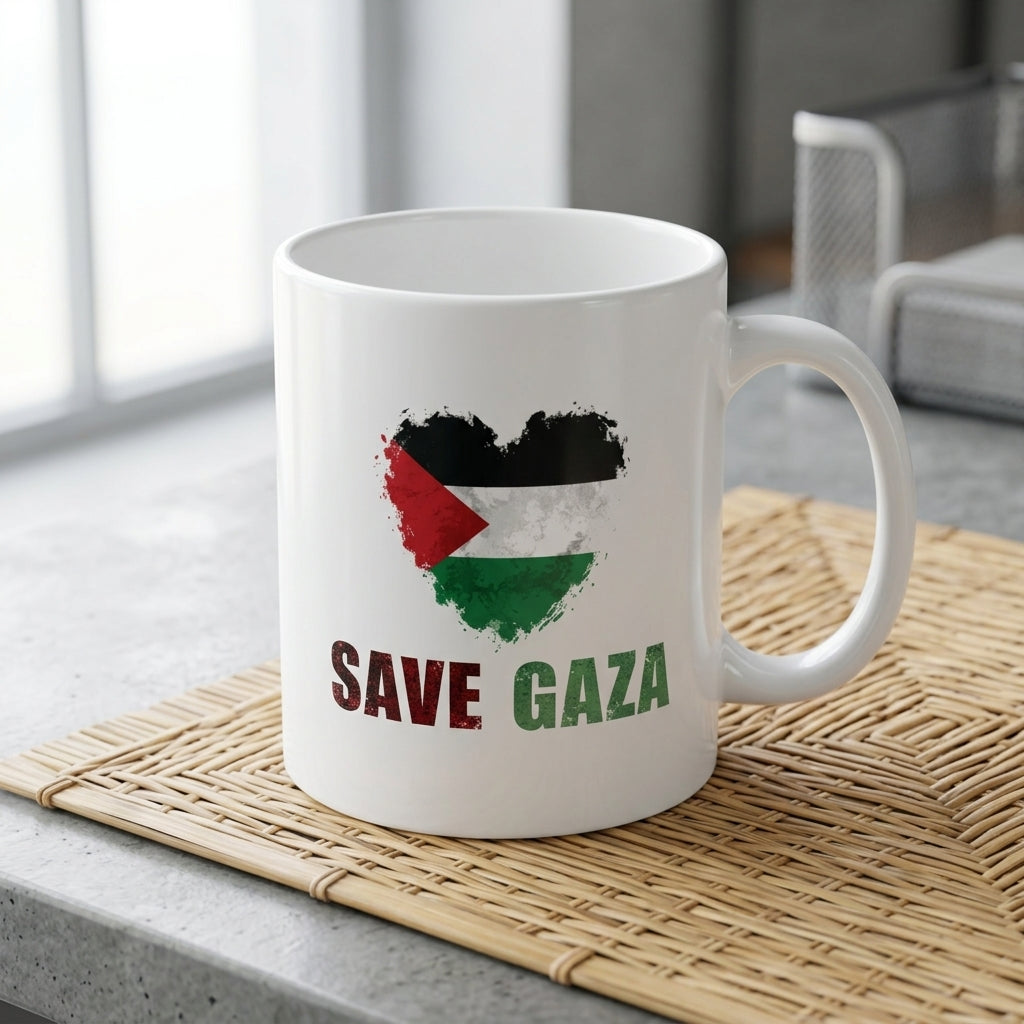 Save Gaza Palestine Flag Heart Graphic Ceramic Cup – High-Quality Printed Tea & Coffee Drinkware