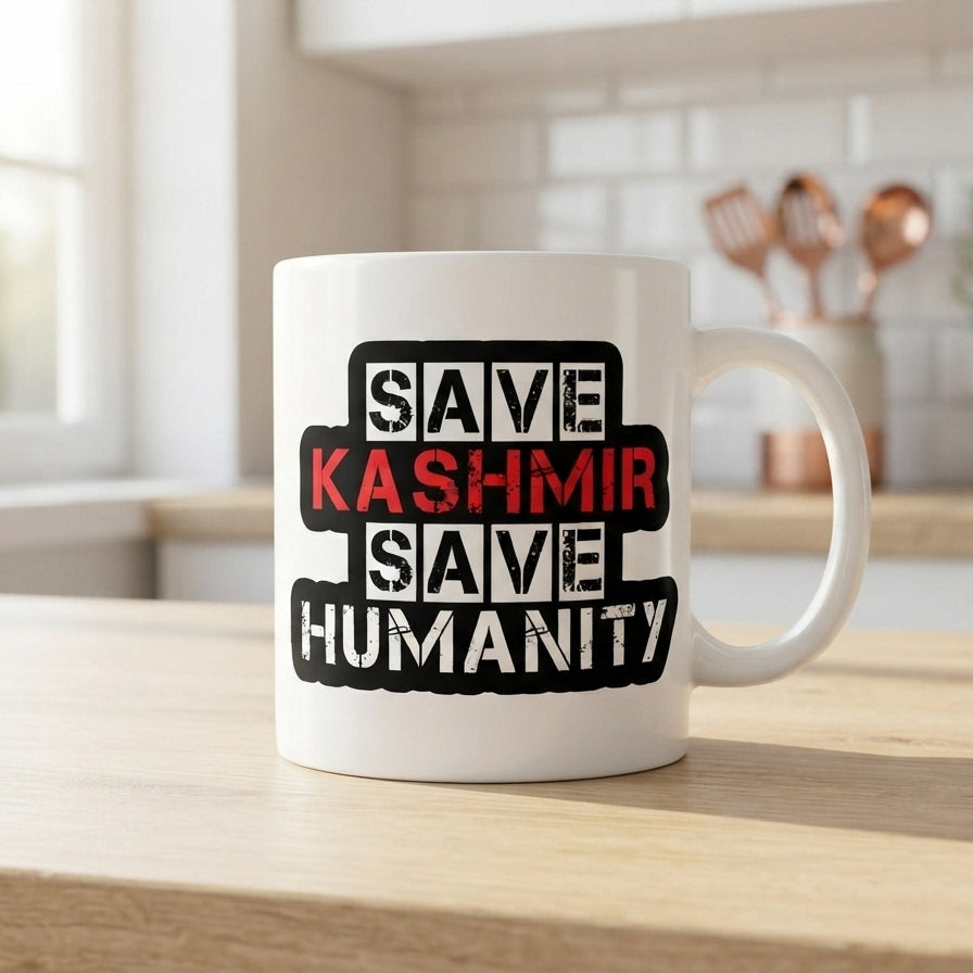 Save Kashmir Save Humanity Typography Graphic Ceramic Cup – High-Quality Printed Tea & Coffee Drinkware