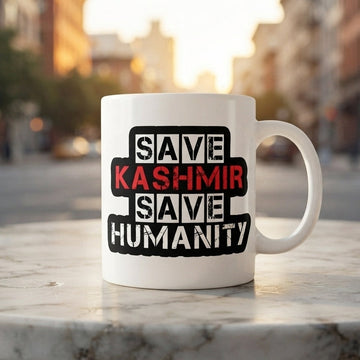 Save Kashmir Save Humanity Typography Graphic Ceramic Cup – High-Quality Printed Tea & Coffee Drinkware