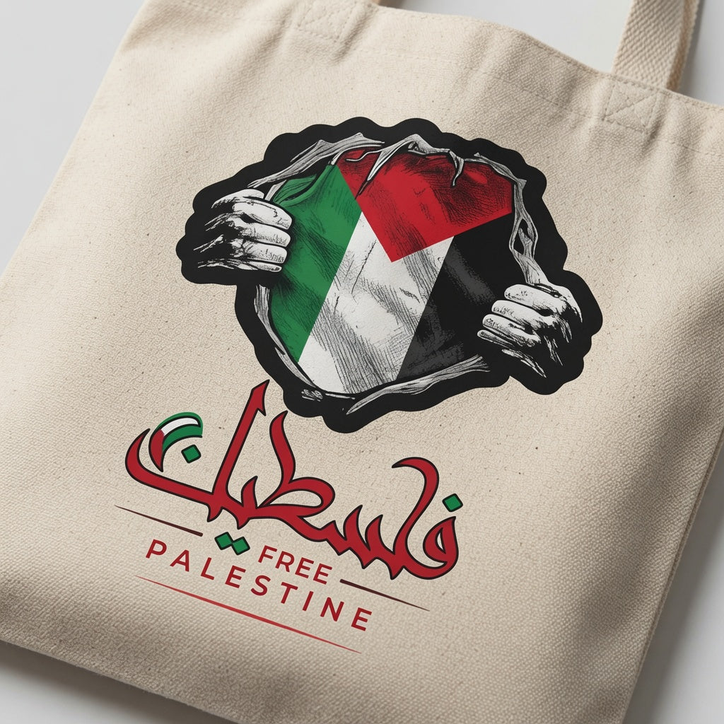 Palestine Flag Superhero Reveal Canvas Tote Bag – Arabic Calligraphy & Free Palestine Tote